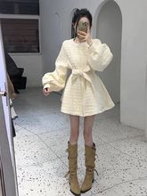 法式千金风菱格棉服外套女冬季新款灯笼袖系带收腰显瘦中长款棉衣