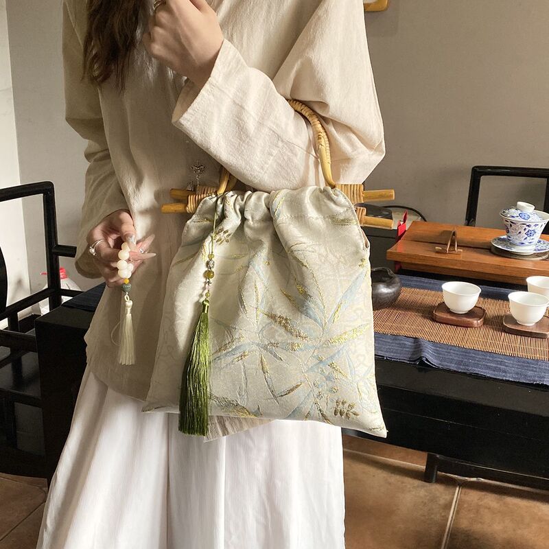 竹の葉ジャカード韓服バッグ女性のための 2025 新しい模造竹ハンドバッグ新中国風のチャイナドレスハンドバッグ竹バッグ|undefined