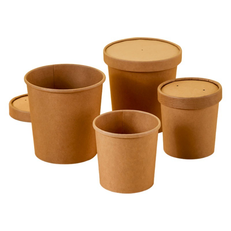 Одноразовые ведро для супа на вынос упаковочная коробка Крафт-бумага ведро для каши с крышкой Горячий и кислый порошок бумажный шар чашка супа для печати логотип