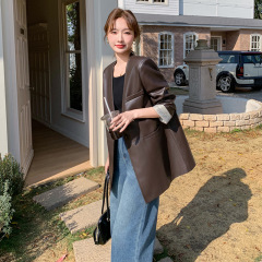 咖色复古美拉德无领PU皮衣外套女2025秋季时尚气质高级感夹克上衣