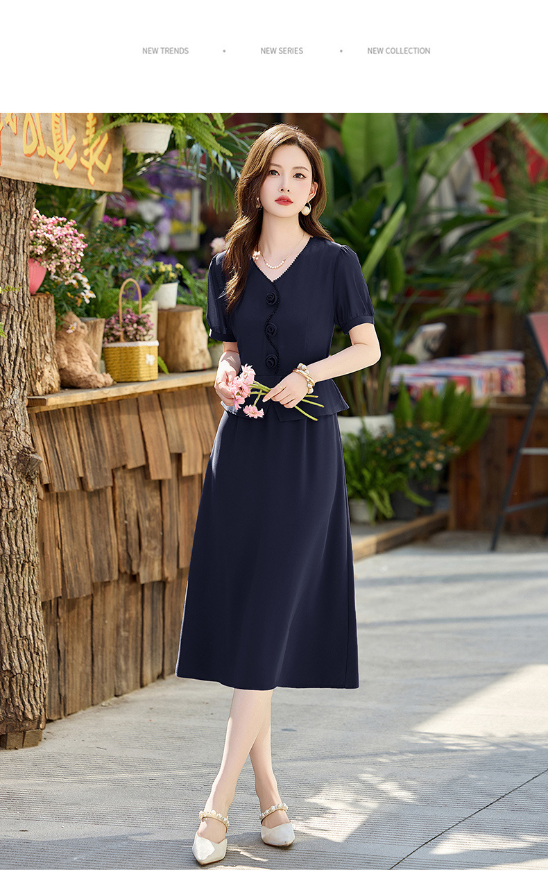 Đầm maxi nữ cổ V phối ren hoa hồng, tay ngắn, thiết kế giả hai lớp, cài khuy vải — tím hoa cà, Xanh lông mòng đen chi tiết 24