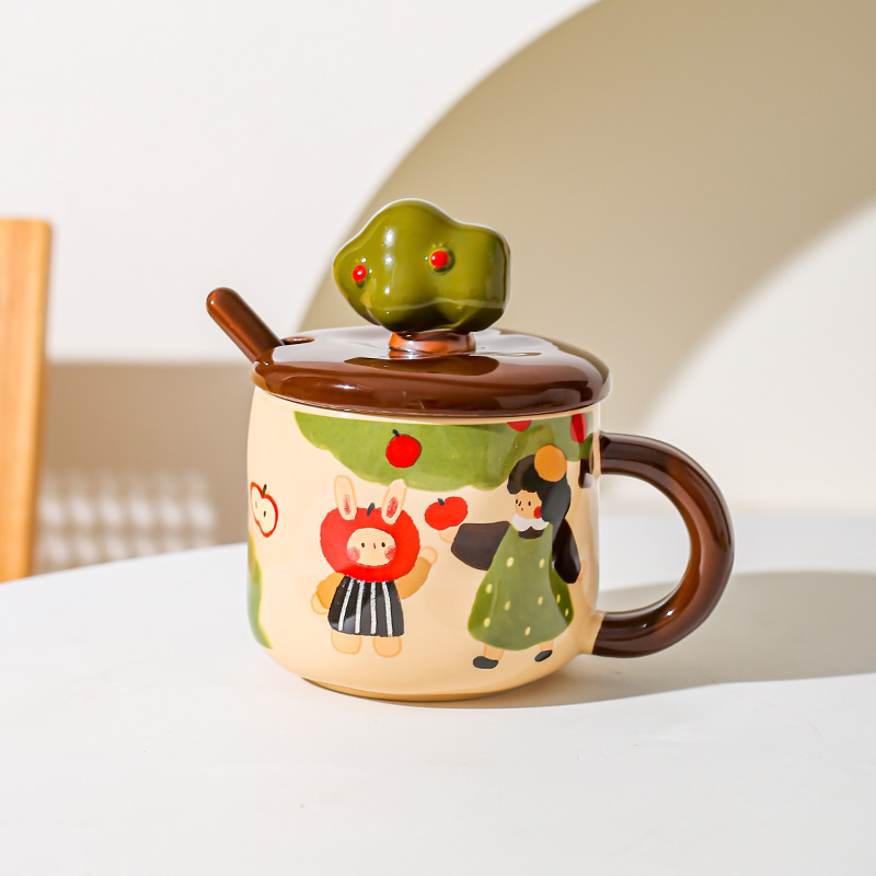 Apple Tree Girl cerámica vintage taza de alto valor con cuchara de cubierta taza de agua de oficina taza de café taza de desayuno