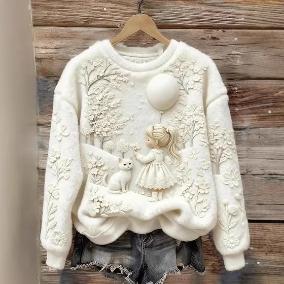 2026 Amazon's New Cross-Border 3D Digital Heat Transfer Round-Neck Sweater in Milk White Fairy Tale Style for Girls 2026 Amazon's New Cross-Border 3D Digital Heat Transfer Round-Neck Sweater in Milk White Fairy Tale Style for Girls
