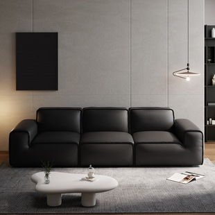 Large Black Cow Italian Minimalist Summer Full Genuine Leather Sofa Straight Row Villa Tofu Block Office Internet Celebrity Living Room Large Sofa