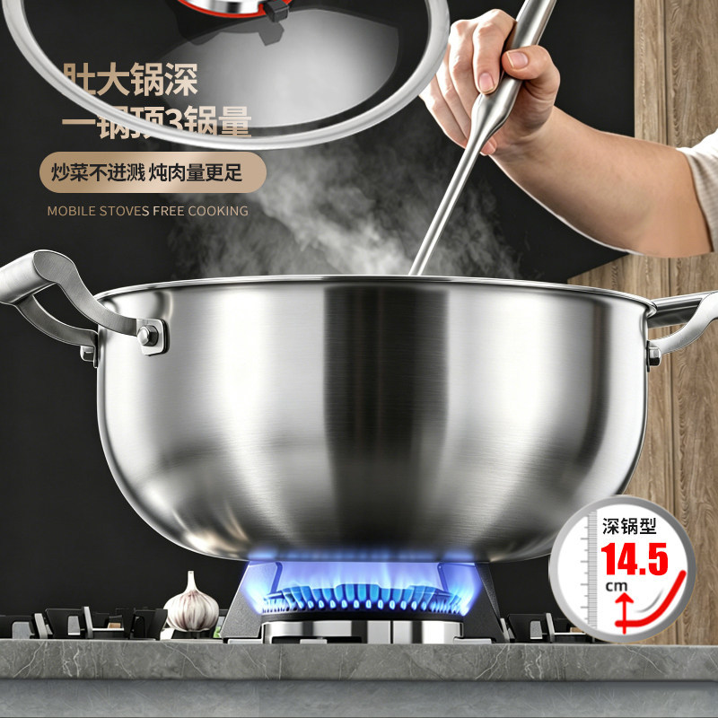 Wok Profundo de Acero Inoxidable 316 con Doble Asa, Sin Recubrimiento, para Todo Tipo de Estufas