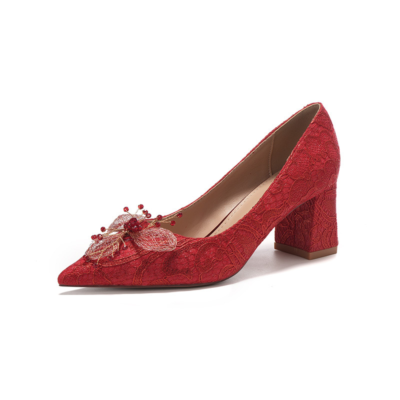 6555G-046 Bowknot Flower Pointed Toe Chunky Heel Women's High Heels Dress Red Wedding Bride Single Shoes_voghion.com