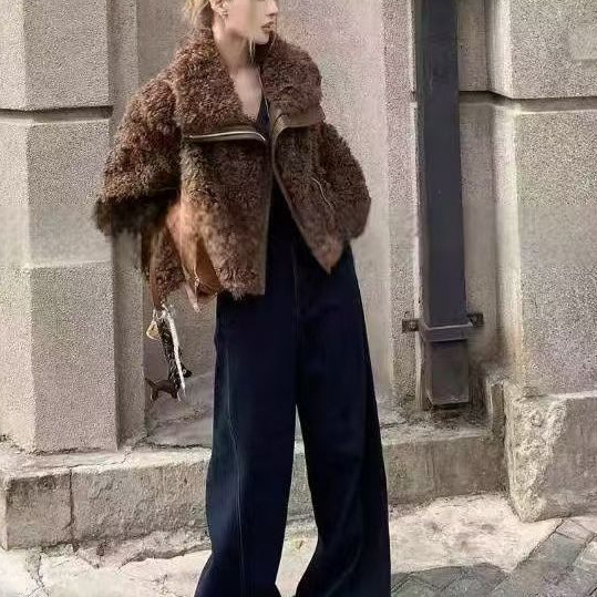Furry Lamb Coat with a Turn-Down Collar, Teddy Bear Fur Coat, 2025 Top, Eco-Friendly Leather, Winter Brown