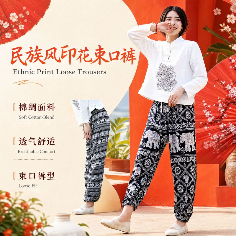 Ethnic Style Elephant Pants, New Artificial Cotton Silk Harem Pants, Thai Tourist Area Cotton Silk Pants, Women's Floral Dance Hot-Selling Item Ethnic Style Elephant Pants, New Artificial Cotton Silk Harem Pants, Thai Tourist Area Cotton Silk Pants, Women's Floral Dance Hot-Selling Item