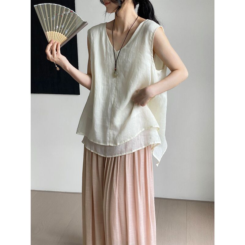 At the end of the cool white tea 100 ramie gentle elegant double sleeveless shirt back kink top women's 5021