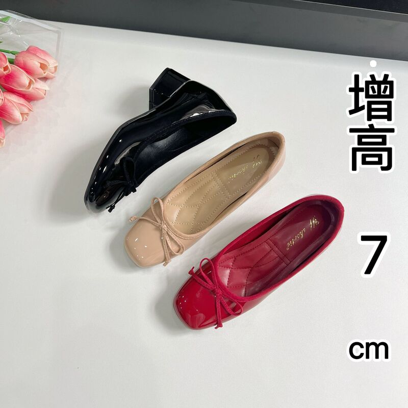 Heightening 7cm French Bow Thick Heel Shallow Mouth Flats for Women 2025 Summer New Style Beautiful Non-Tiring Ballet Shoes