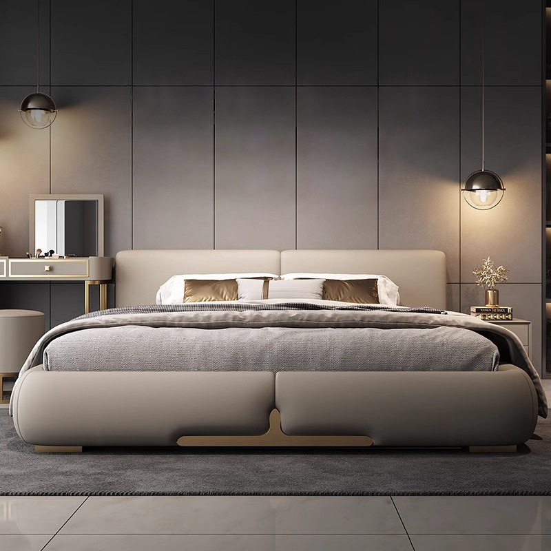 Cama de cuero ligera de lujo, cama baja, cama de cabeza, cuero de vaca, cama principal moderna, simple, cama queen, atmósfera de alta gama, 2024 nuevo