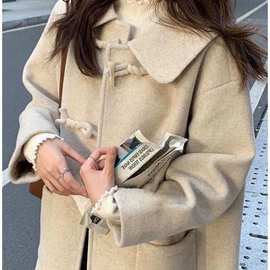 娃娃领毛呢外套女秋冬加绒加厚中长款赫本风小个子牛角扣呢子大衣