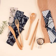日式櫸木筷子勺子套裝 簡約學生兒童木質便攜刀勺叉筷餐具批發