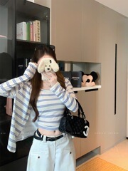 韩系穿搭条纹长袖吊带开衫两件套秋季修身显瘦叠穿薄款针织衫上衣