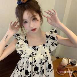 法式甜美小飞袖上衣女夏小众别致水墨画设计感无袖方领衬衫