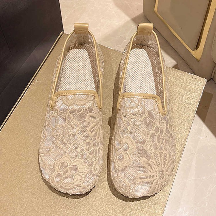 Zapatos de red finos de verano, lentejuelas de encaje para mujer, zapatos de boca baja, zapatos de tela viejos de Beijing huecos de lino, zapatos de frijoles estilo hada