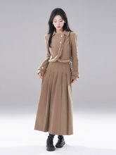 氛围感卡其色灯芯绒套装裙女秋冬法式设计毛边外套百褶半裙两件套