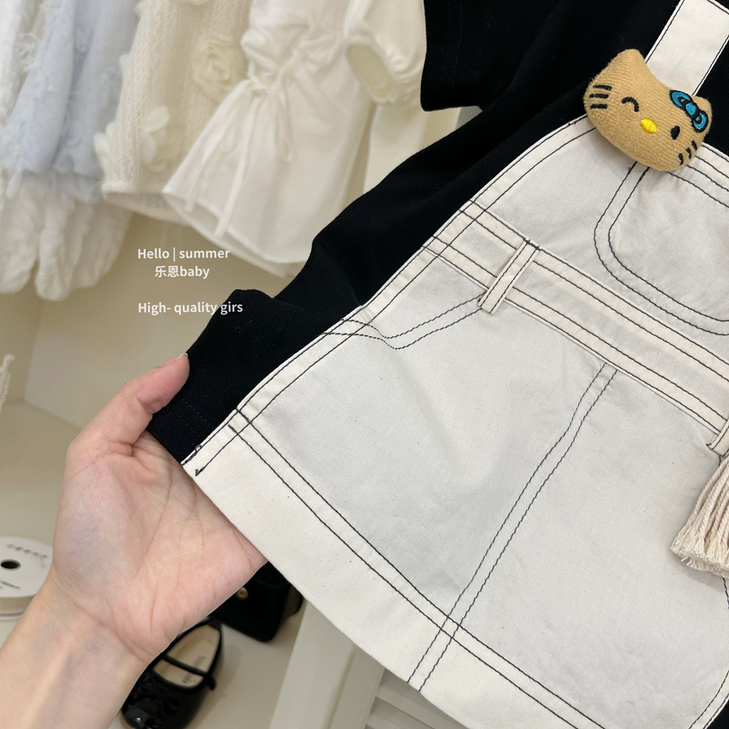 [Le En baby] 2025 primavera y verano niña falda de tirantes de dibujos animados falsa de dos piezas vestido de estilo occidental a juego falda linda