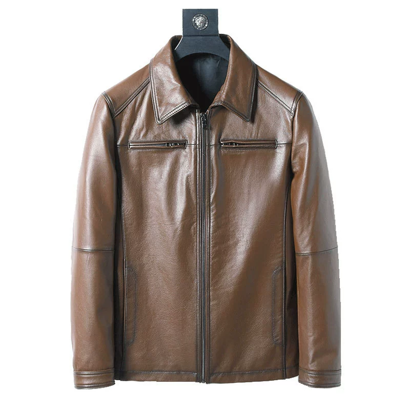 Leather jacket, cowhide genuine leather, zip pockets, classic cut