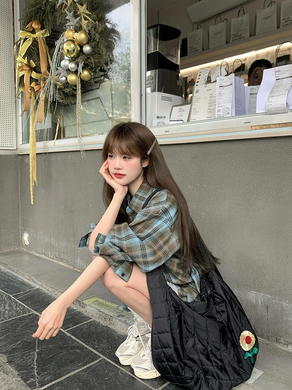 蓝色格子衬衫外套女韩系宽松慵懒风2025春夏新款休闲百搭长袖衬衣|undefined