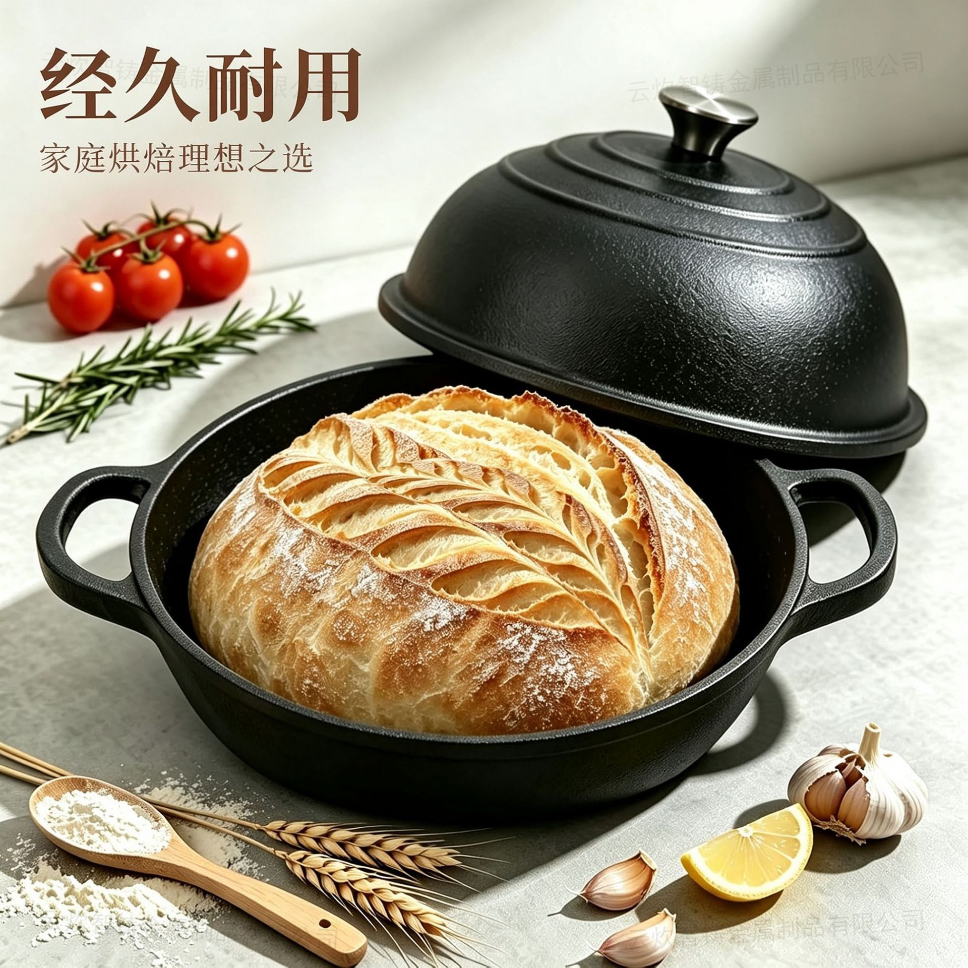 铸铁面包锅烤欧包浅锅炖锅焖烧锅烘焙烤箱通用6QT 带盖欧包烘焙锅