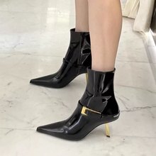 尖头高跟短靴女新款秋冬高跟鞋金属扣欧美靴子侧拉链黑色细跟短靴