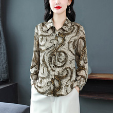 2025春秋季新款桑蚕丝长袖印花女衬衫气质减龄真丝中年妈妈装衬衣