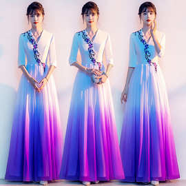 红歌大合唱演出服女长裙成人中袖表演国风古筝演奏服装指挥晚礼服