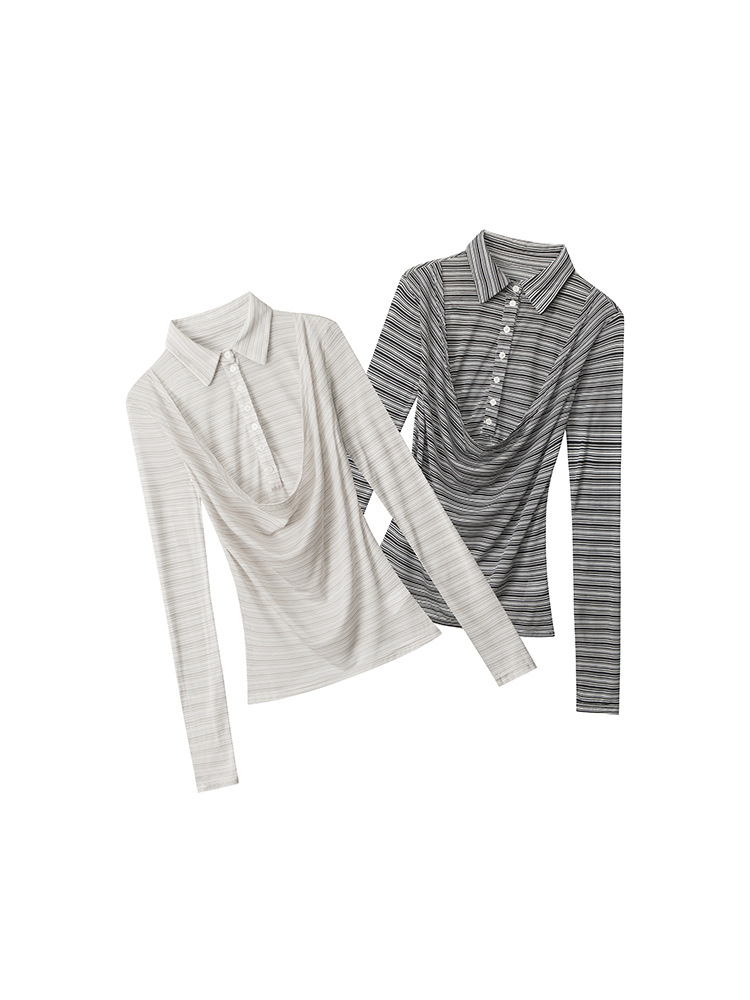 HeyHenry フェイクツーピース スリムフィット 長袖 Tシャツ ポロシャツ イレギュラーストライプ インナー フロントショルダートップ レディース