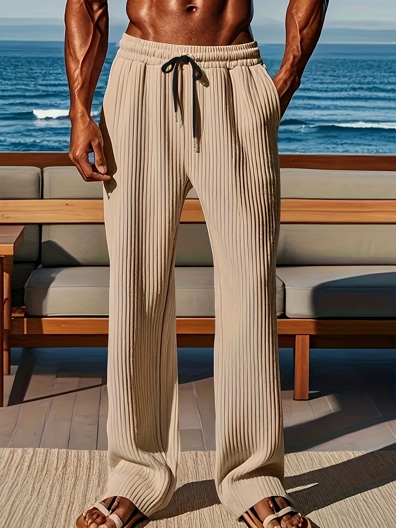 Men's Casual Straight Leg Pants With Elastic Waist - Street Style Comfort Stretch Pure Color Trousers For Daily Wear_viptrois.com