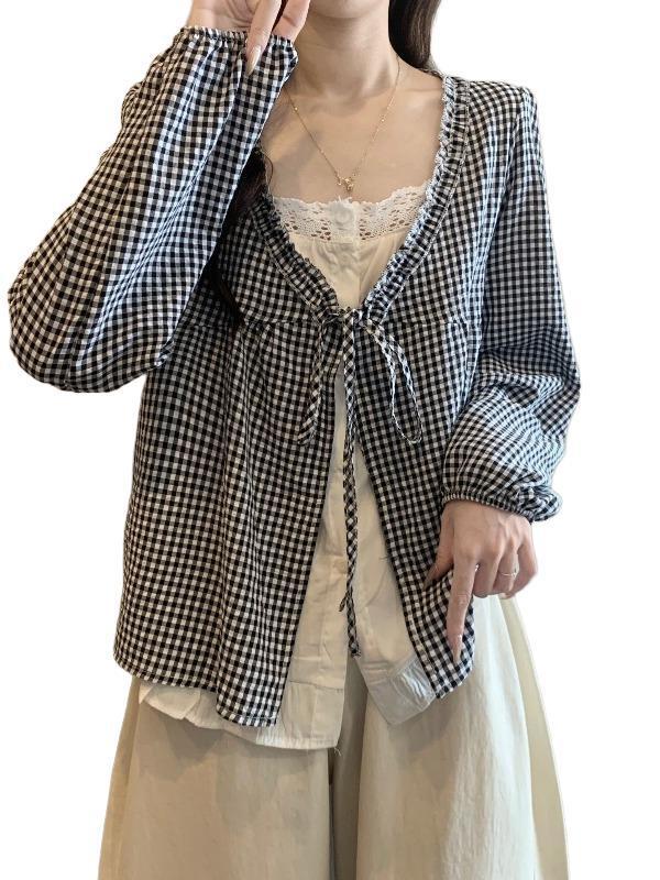秋装2025新款法式假两件拼接格子衬衫女设计高级感娃娃衫长袖上衣|undefined