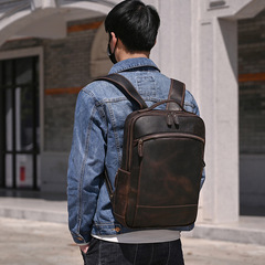 レトロ狂馬皮カジュアルリュックサック男性本革リュックサック15インチトップ層牛革学生カバン旅行カバン