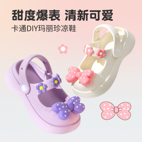 Mary Jane children's sandals, girl's summer cute bow hole shoes, indoor sandals, topless soft soled girl