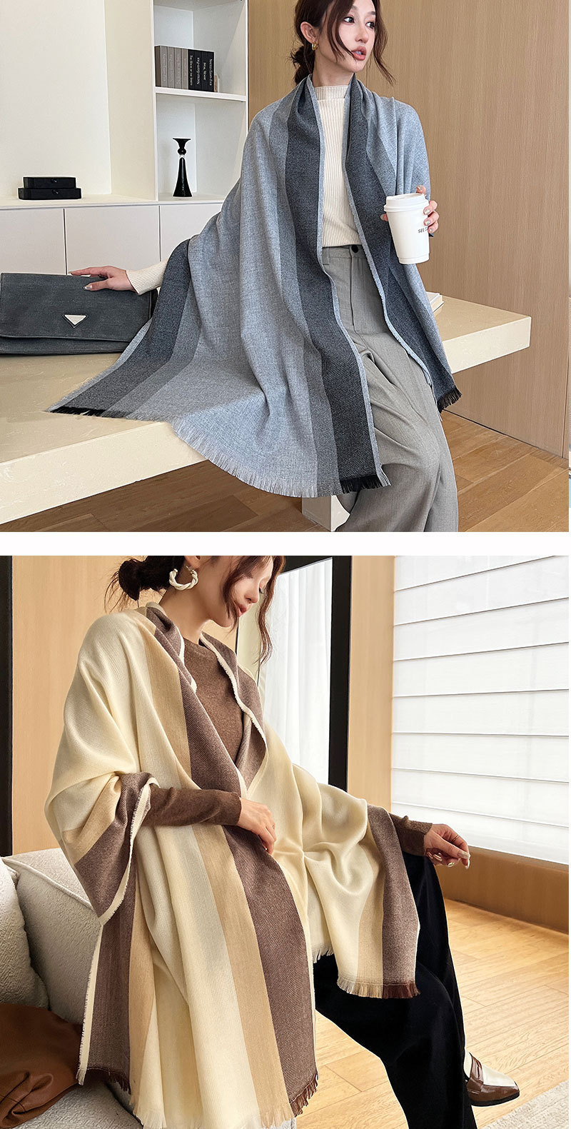 2023 Herfst/Winter Nieuwe Wol Jacquard Sjaal Dames Koreaanse Editie Eenvoudige en Veelzijdige Streep Verdikte Sjaal Warme Hals_voghion.com
