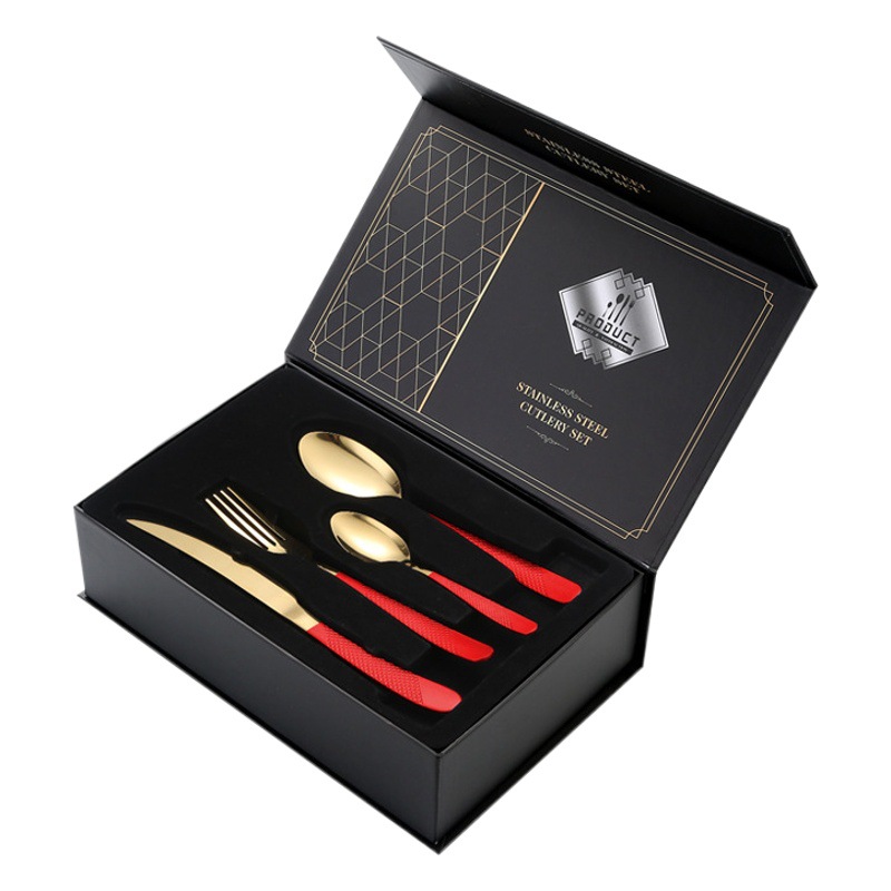Nuevo Amazon Venta caliente vajilla de acero inoxidable 24 piezas traje estrella diamante cuatro piezas principales comida occidental caja de regalo cuchillo, tenedor y cuchara traje