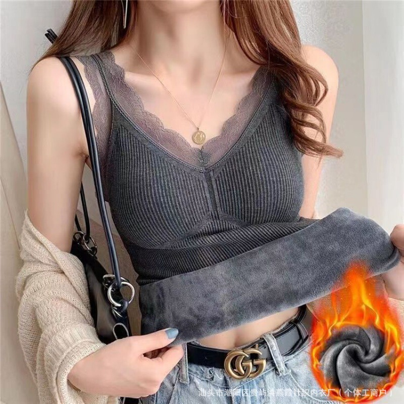 Thermal Vest for Women, Fleece-Lined and Thickened Base Shirt with Built-In Bra Pads, Lace, Slimming, Plus-Size Base Top