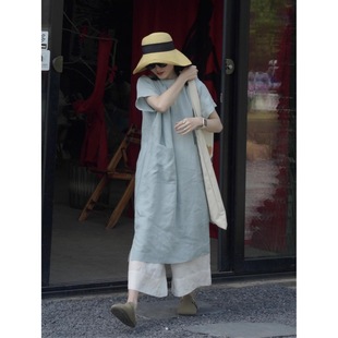 Japanese Plus Size Women's Loose and Versatile Round Neck Dress Thin Short-Sleeved Cotton and Linen Robe