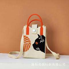新しい編み込みシンプルでおしゃれな携帯電話バッグ、かわいい漫画の猫のニットバッグ、女性用小さなスクエアバッグ、カラフルなハート