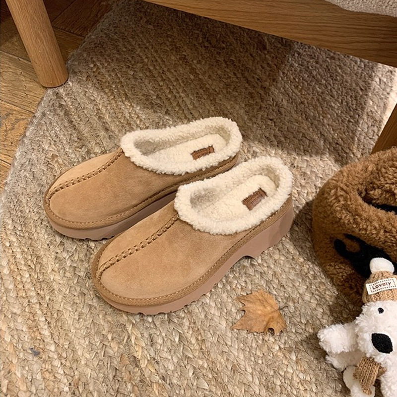 Leather winter women's slippers wedge heel platform