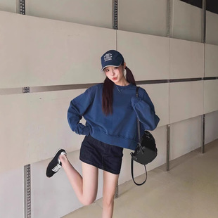 in stock High Version MM 24 Autumn New Women's Letters Micro Blue Loose Short Sweatshirt Sweatshirt Fashion