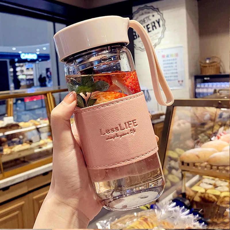 Korean Style Refreshing Heat-Resistant Glass for Women with Lanyard Portable Tea Break Flower Tea Cup Men's Business Simple Water Cup
