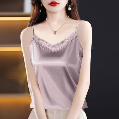 Women's Loose Oversized Backless Tank Top for Spring and Summer, Outerwear Slimming Strappy Lace Edge V-Neck Sleeveless Lingerie T-Shirt