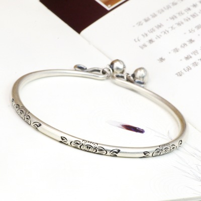 925纯银复古牡丹花小铃铛手镯女 泰国清迈手工银民族风开口银镯子|ms