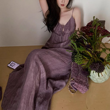 MENGXIANG “日暮紫”夏季淑女jue美亚麻扎染褶皱背带吊带连衣裙