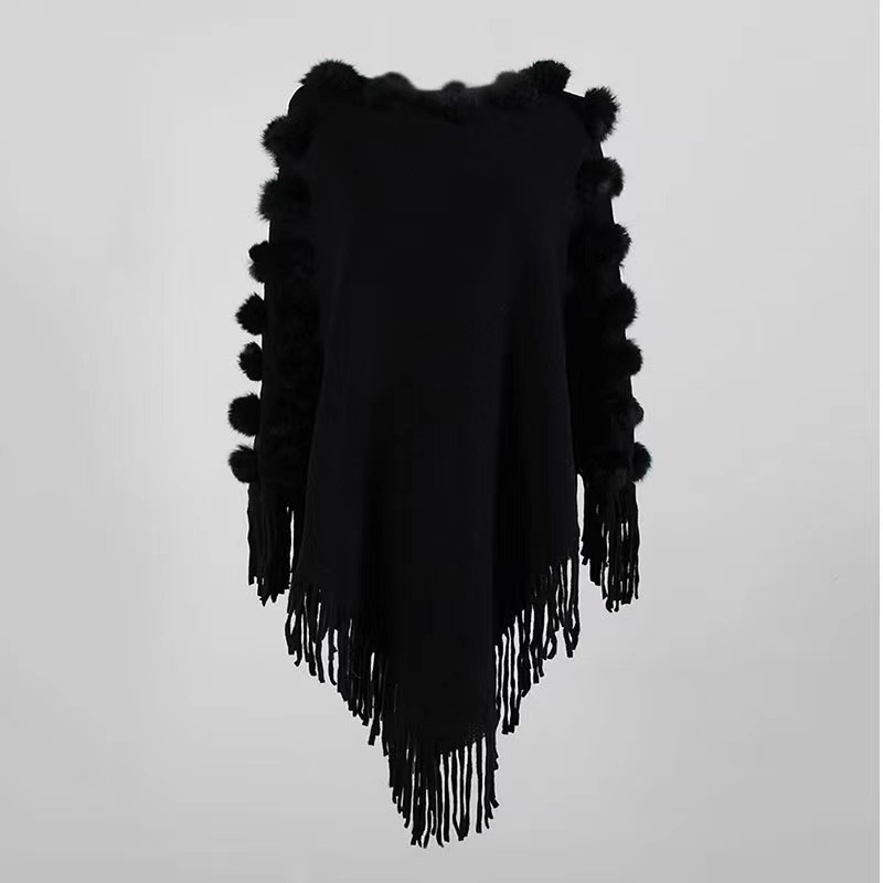 Tassel rabbit hair ball cape cape women's round neck pullover sweater_voghion.com