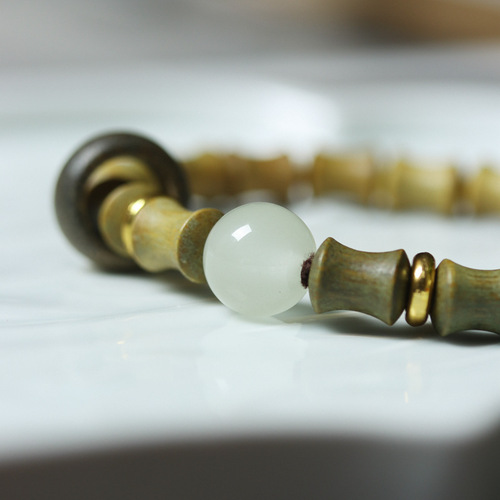 DIY Green Sandalwood Bamboo Knots High-Rising Moonstone Rope Bracelet with Running Ring for Men and Women, Cultural Art Beads and Rosaries