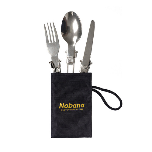 Outdoor Portable Folding Spoon Stainless Steel Foldable Knife, Fork, Spoon Picnic Three Piece Cutlery Set Wholesale Black