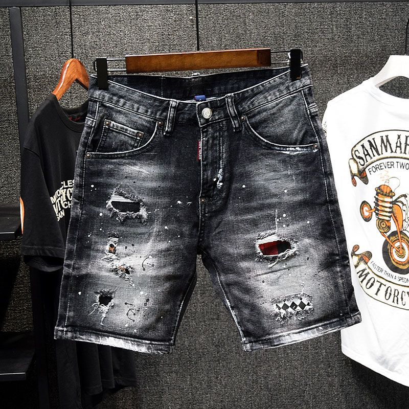 Men's Slim Fit Denim Shorts Trendy Stylish Spray Paint Ripped Patched Black Stretch Summer Five Point Pant_mkmklike.com