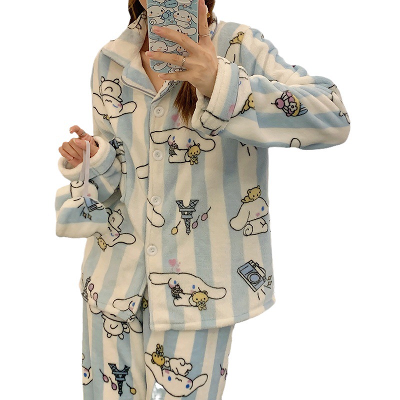 Rayas yugui perro pijamas de franela las mujeres japonés otoño y el invierno cardigan manga larga con máscara ojos dibujos animados homewear caliente conjunto