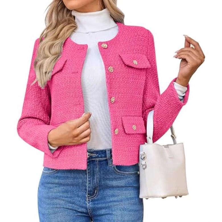 Chaqueta Corta de Tweed de Poliéster con Cuello Redondo y Botones para Trabajo image 5